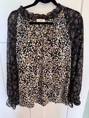 Umgee Black Cream and Tan Printed Long-Sleeve V-Neck Blouse